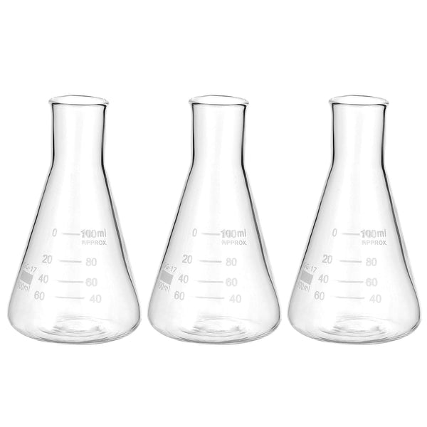 PATIKIL Erlenmeyer Flask, 3 Pcs 100ml Narrow Mouth Graduated Borosilicate Glass for Lab Experiments
