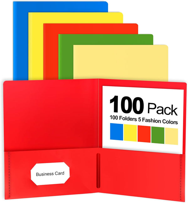 Habgp 100 Pack Plastic Folders with Pockets - 5 Color Heavy Duty Two Pocket Folder Business Card Holder for Office