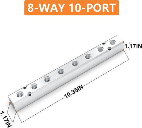 GASHER 1PCS Aluminum 8 Way Pneumatic Manifold, 10 Port Air Distribution Block Splitter, 1/4" Output, 1/2" Supply