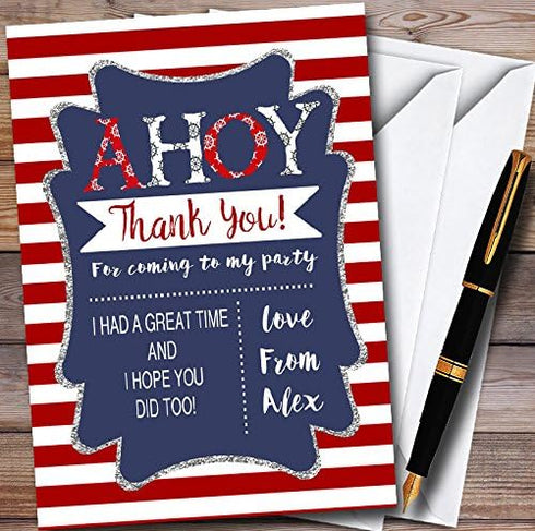 The Card Zoo Red Stripe Ahoy Nautical Personalized Party Thank You Cards