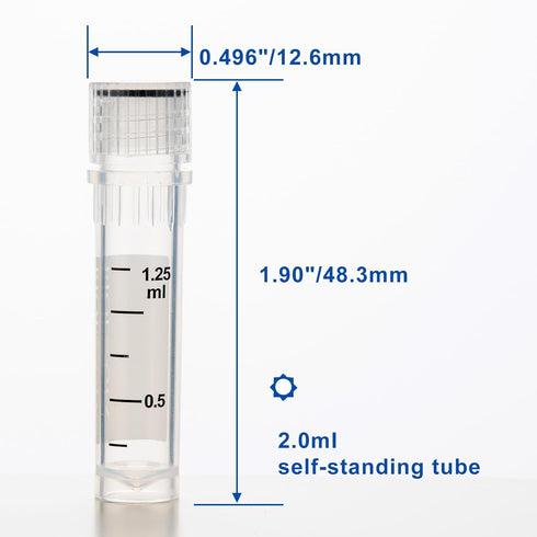 Cryovials Sterile Tubes 2ml with Caps, Case of 100 Lab Vials for Low Temperature Storage