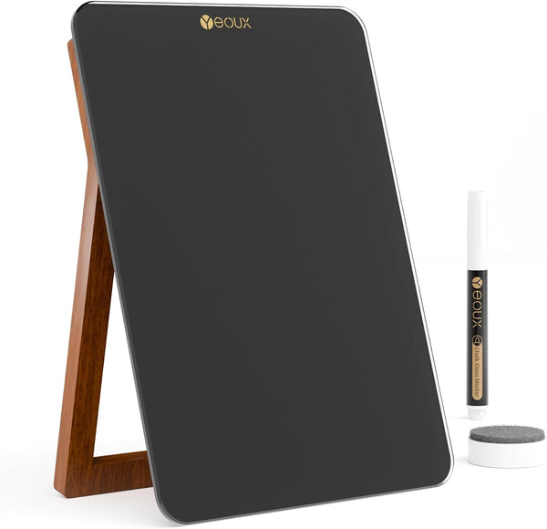 Desktop Black Glass Dry Erase Whiteboard, Small Portable White Board Easel for Desk, Reusable Notepad