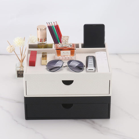 Leather Desk Organizer with Drawers, Home Cosmetics Organizer, Phone Remote Organizer, White