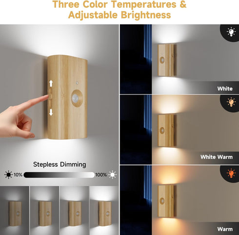 3600 3 10-100LM Dimmable, 2-Pack Wood Grain Night Light with Motion Sensor, Magnetic Attachment, Wireless, mAh Type-C