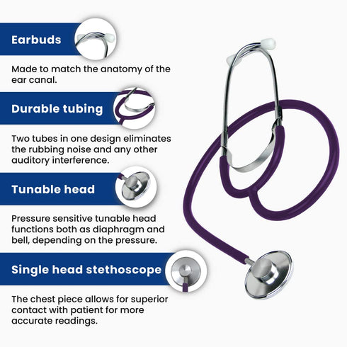 Dixie EMS Lightweight Stethoscope, Single Head, Latex Free for Doctors, Nurses, Students, Medical Home Use - Purple