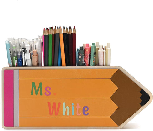 TINGKU 10" Wooden Pen Holder - Pencil Shape Supply Caddy for Teacher Appreciation Gifts, Classroom Organizer & Storage
