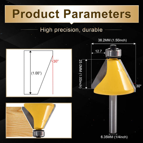 30 1/4 Inch (1/4" 30 KATUR Degree Chamfer and Bevel Edging Router Bit, Carbide Tipped Chamfer Router Bit with Shank