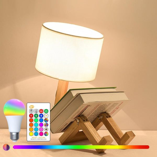 BBGISHO Robot Table Lamp, Wood Table Lamp with Fabric Shade, Color Changing Light