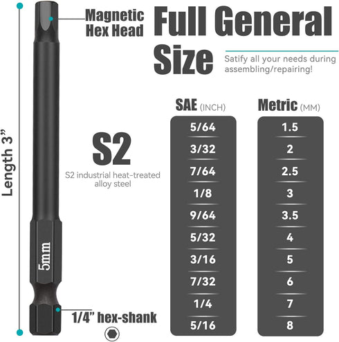 20 Piece Hex Head Allen Wrench Drill Bit Set, 1/4 Inch Hex Shank Metric and SAE S2 Steel Hex Bit Set, Magnetic Tips 3 Inch Long by NAUIX