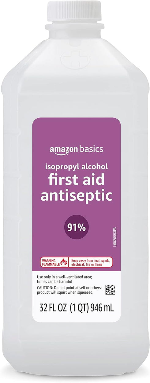 Amazon Basics Isopropyl Alcohol 91% First Aid Antiseptic, Multipurpose Disinfectant for Minor
