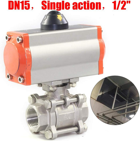 YIYIBYUS 1/2" Three-piece Pneumatic Ball Single-Acting Pneumatic Air Actuated Ball Valve Stainless Steel for Automatic