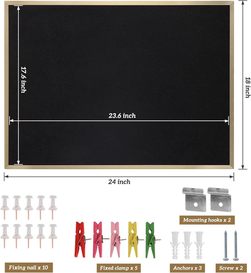 INNOVART Black Cork Bulletin Board, 24" X 18" with 10 Push Pins, Gold Aluminum Frame