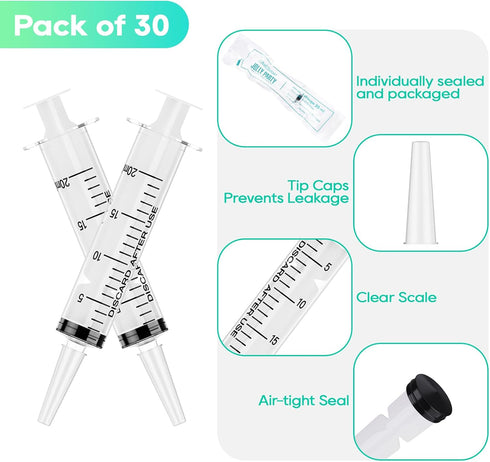 JOLLY PARTY 30 Pack 20mL Plastic Syringes with Catheter Tip and Cap, Individually Sealed for Dogs, Liquid Measuring,