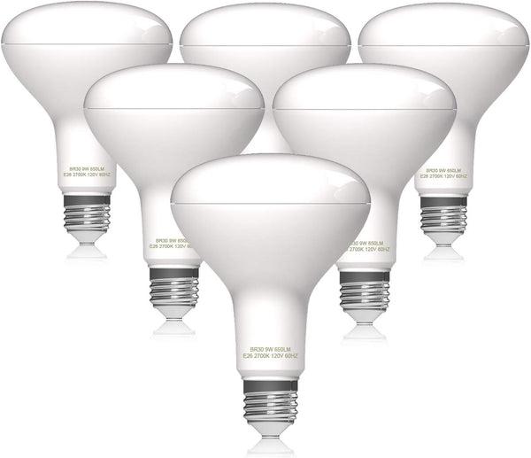BR30 LED Flood Light Bulb, 9W, 65W Equivalent, 2700K Soft White, Non-Dimmable, E26 Base, 6PCS