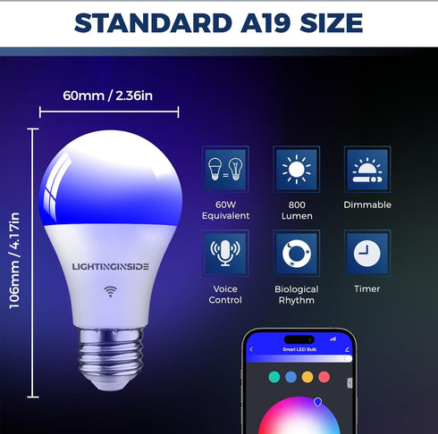 Smart Light Bulbs 60W Equivalent, 800LM 9W WiFi Smart Bulb Compatible with Alexa/Google Assistant, A19 E26 Smart Light Bulb No Hub Required, 2.4GHz WiFi Only, 2PCS by Lightinginside