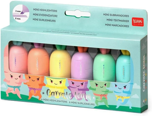 Legami HC0001 Set of 6 Mini Highlighters, Carrot Shape, Water Based Inks, Fine and Thick Lines, Pastel Colours, Quick