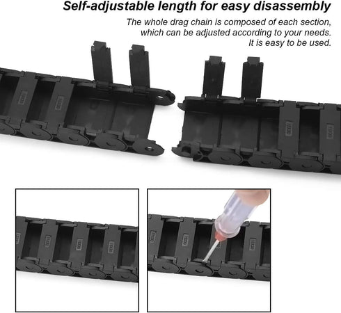 R28/38 Black Plastic Cable Wire Carrier Drag Chain, 15mm x 30mm (Inner H x Inner W), 1M Length for CNC with End
