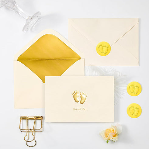 50-Pack 4x6 Inch 300gsm Crisky Embossed Footprint Baby Shower Thank You Cards - Heavy Cardstock with Gold Foil