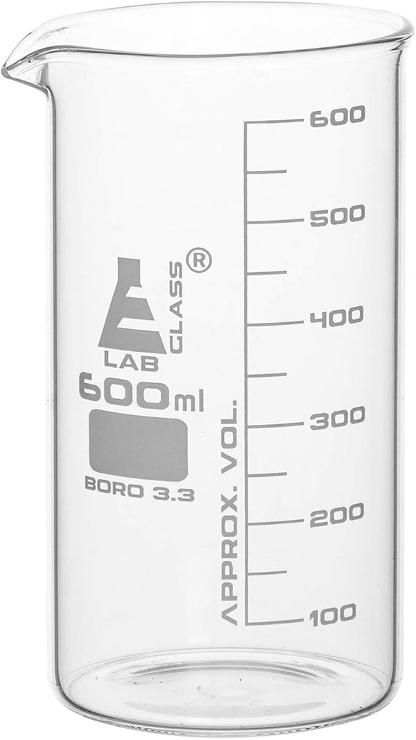 EISCO Beaker, 600ml - Tall Form with Spout, White, 50ml Graduations, Borosilicate 3.3 Glass