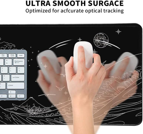 Black Gaming Laptop Mouse Pad, Sea Wave Big Mice Pads, Waterproof Non-Slip 31.5 x 11.8 inches, Kanagawa Surfing Mouse