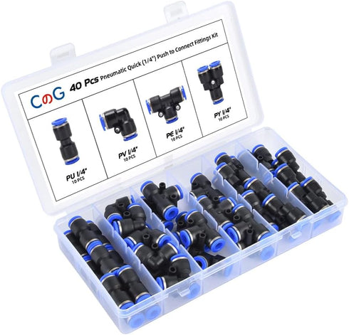 40Pcs Quick Connect Air Hose Fittings 1/4 inch OD, Pneumatic Push to Connect Fittings Kit for 1/4 inch Tube