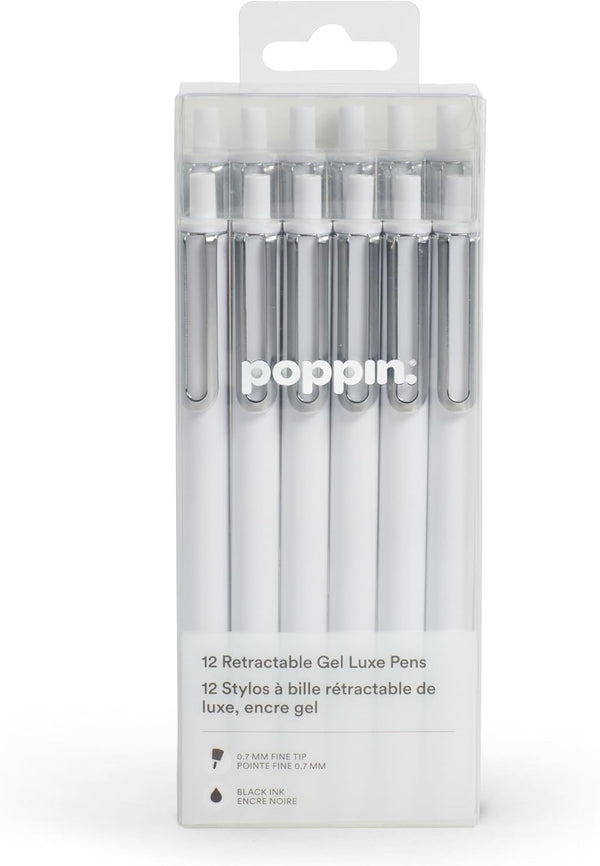 Poppin Retractable Gel Pens - Fine Point 0.7mm Tip, Smooth Writing Gel Ink Pens, 12 Pack (White with Black Ink)