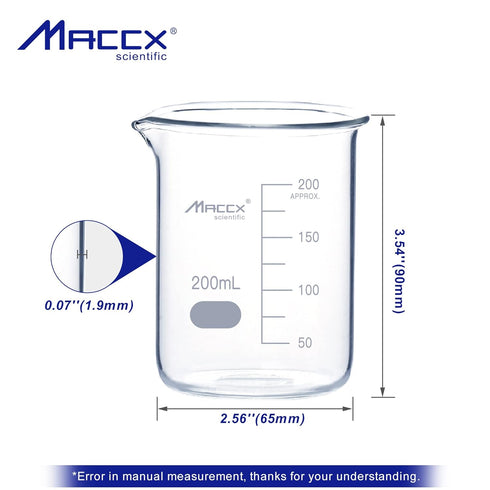 6.7oz (200ml) Sturdy Glass Beaker, 3.3 Borosilicate Griffin Low Form with Printed Graduation, Pack of 6
