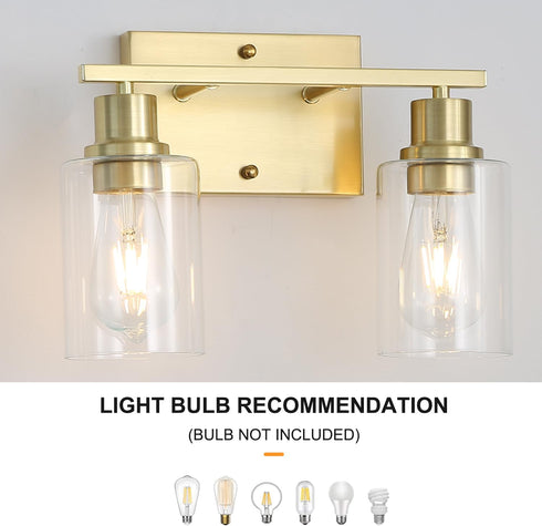 Set 2, 1-Light E26 Brass Bedside Wall Sconces of Gold Bathroom Vanity Lights Fixtures with Clear Glass Shade, Farmhouse