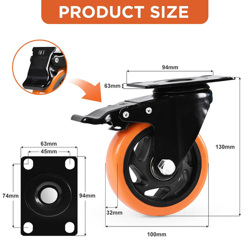 4 Inch Caster Wheel, Heavy Duty Caster, Locking Swivel Caster Wheel for Cart, Furniture and Workbench, Orange
