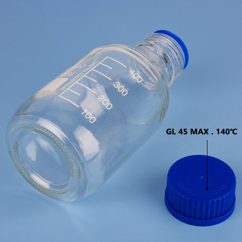 Round Media Storage Bottles with GL45 Blue Screw Cap, Borosilicate Glass Clear Wide Mouth Graduated Round Bottle