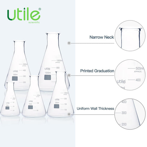 Utile Erlenmeyer Flasks, 5 Sizes of Narrow Mouth Conical Borosilicate Glass Flasks with Printed Graduation