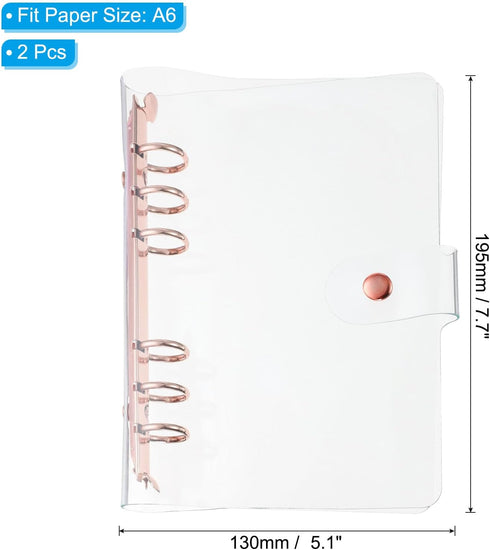 PATIKIL A6 Clear Binder Cover, 2Pcs Soft PVC Loose Leaf Binder Protector Refillable Notebook Shell with Snap Button Closure 6 Ring for DIY Meeting Notebook Folder, Rose Gold by PATIKIL