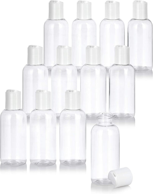 JUVITUS 4 oz Clear Plastic PET Boston Round Bottle with White Disc Cap, 12 Pack (BPA Free)