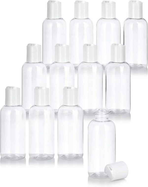 JUVITUS 4 oz Clear Plastic PET Boston Round Bottle with White Disc Cap, 12 Pack (BPA Free)