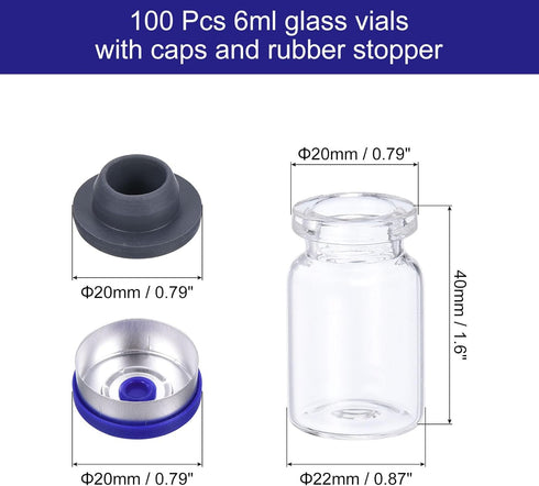 PATIKIL 6ml Glass Vials, 100pcs Glass Vial Small Glass Vials Empty Sample Bottle Mini Clear with Caps Seal Rubber Stopper Injection Port for Lab Injection Plants Transparent