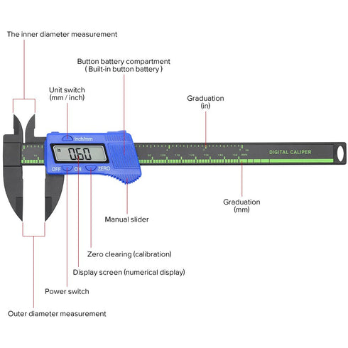 Electronic Digital Caliper Plastic Vernier Measuring Tool 0-6 Inch/0-150 mm with Extra Large LCD Screen Auto Off