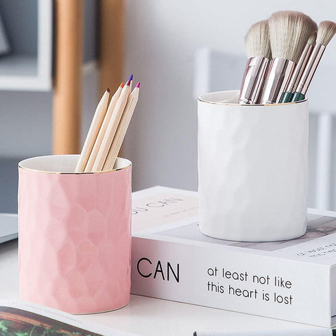 Ceramic Pen Holder Cup Pencil Holder for Desk, Makeup Brush Holder Organizer for Office Home (Pink) by HANKOR