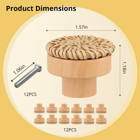 Chewtoyo 12Pcs Dresser Rattan Boho Knobs, Drawer Wicker Woven Wooden Pulls, Decorative Furniture Handles With Screws