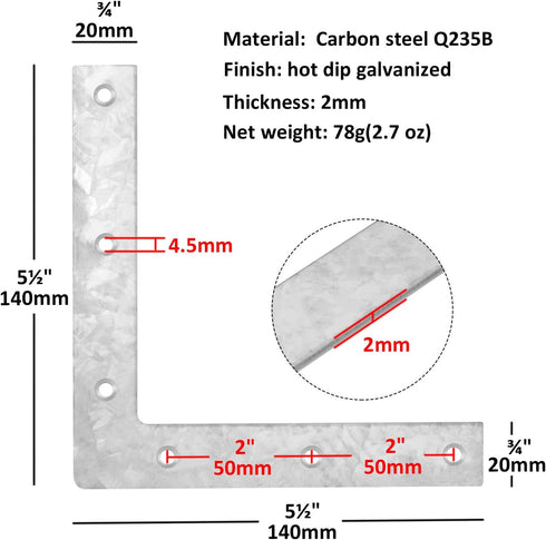 10 Pcs 5-1/2"x5-1/2"x3/4" Flat Corner Brace, L Shaped Flat Mending Plate, Hot Dip Galvanized Steel Repair Joining Plates for Wooden Furniture 2mm Thickness