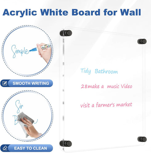 Clear Acrylic Dry Erase Board, 12" X 14" Black Non-Magnetic Frameless Clear White Board for Wall, Erasable Acrylic Board for Wall, Home, Office, School, 2 Markers by AMUSIGHT