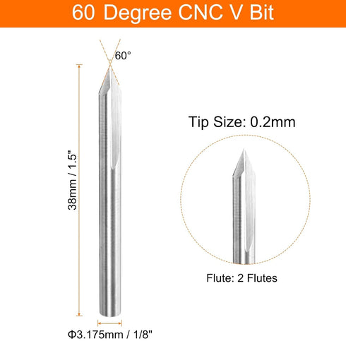 60 1/8" 0.2mm 2 HARFINGTON V Groove Router Bit Degree Shank Tip Carbide CNC Engraving V Router Bits with Flutes CNC