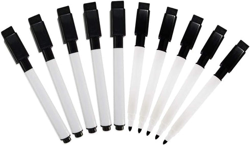 Fine Tip Dry Erase Black Markers with Magnetic Cap and Eraser, Pack of 10