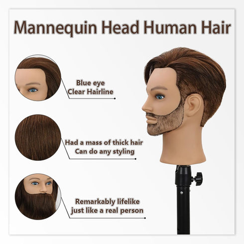 sirydtm 12" 100% Stand(4) Barber Mannequin Head Male Real Hair Blue eyes Mannequin Head with Human Hair Styling