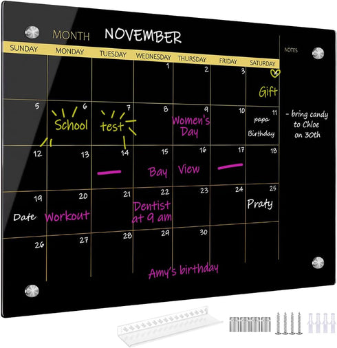 Okydoky 12" x 16" Glass Dry Erase Whiteboard, Black Glass Monthly Calendar for Home, School, Office