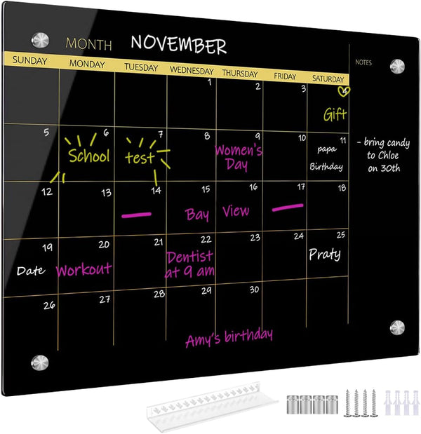 Okydoky 12" x 16" Glass Dry Erase Whiteboard, Black Glass Monthly Calendar for Home, School, Office