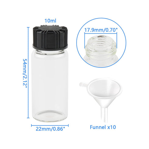 45Pcs Glass Lab Sample Vials 10ml/ 0.3oz Transparent Liquid Sampling Sample Glass Bottles Vials Containers Glass Thread Bottles with 10 Funnels