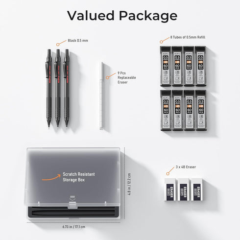 Nicpro 0.5 mm Mechanical Pencils Set with Case, 3 Metal Artist Pencils, 480PCS HB Lead Refills, 3 Erasers, Black