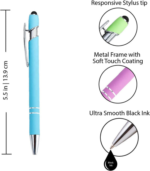 Pastel Rubberized Soft Touch Ballpoint Pen with Stylus Tip, Premium Metal Pen, Black Ink, Medium Point (Pastel Purple,