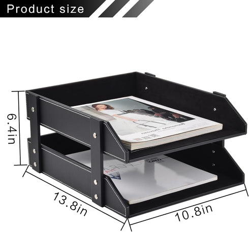 Leather Desk Organizer, 2-Tier Stackable Letter Tray Holder for Document, Stationery, Magazines, Black