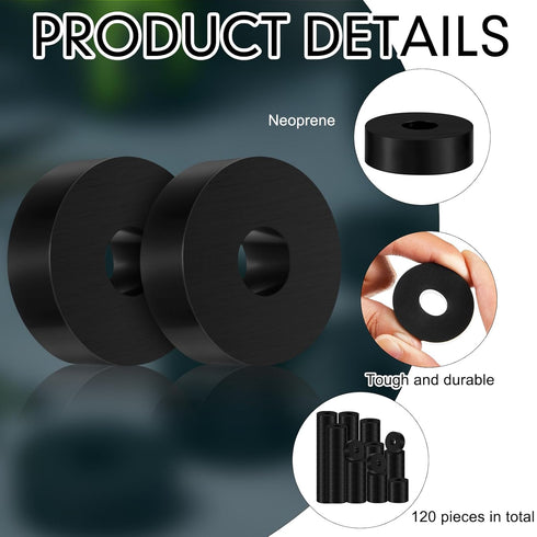 Fabbay Multi Purpose Rubber Spacer, 1 Inch OD x 3/8 Inch ID x 1/2 Inch Thickness, Black Round Washers, 120 Pcs